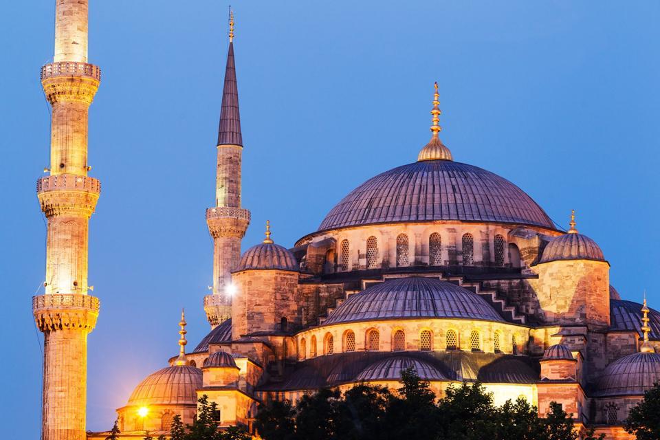 La Mosquée Bleue , La mosquée bleue au soleil couchant , Turquie