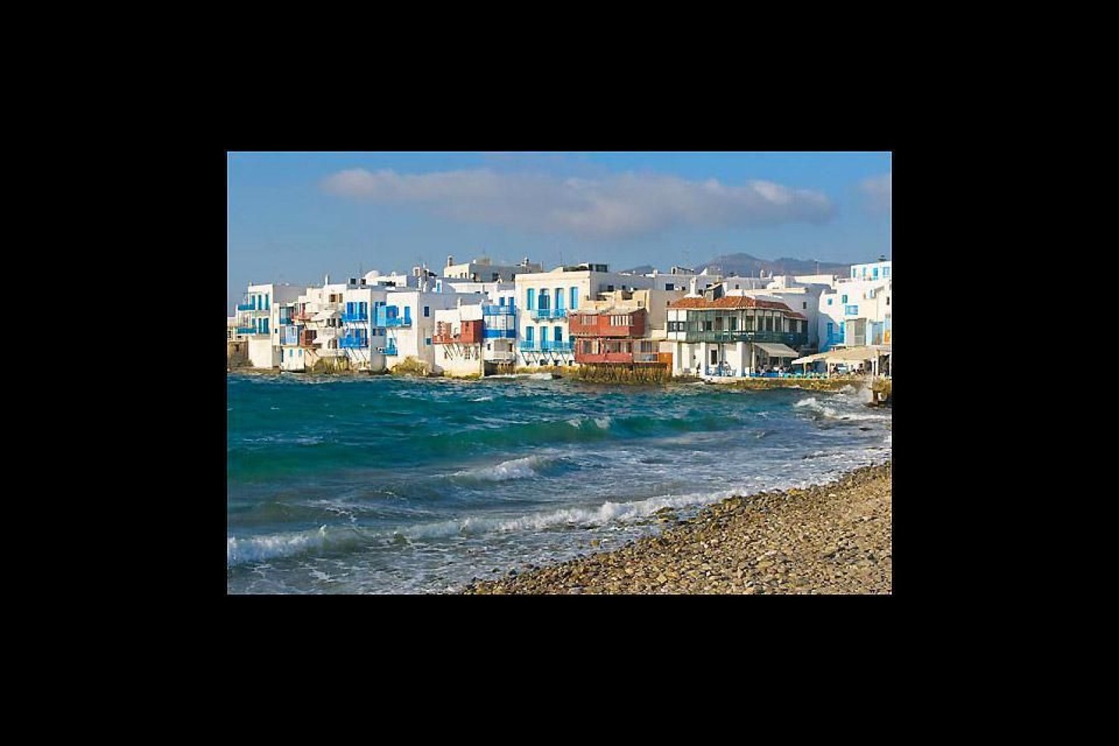 The seafront of Mykonos is dotted with many establishments.