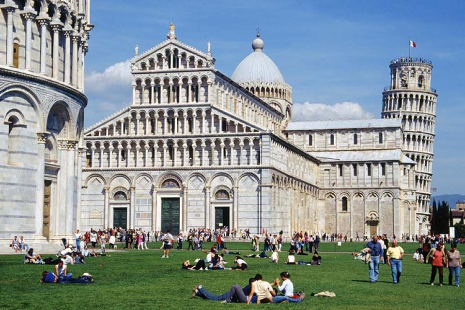 A beautiful view of the architectural complex including the Cathedral, the Baptistry, the Campo Santo and, of course, the Leaning Tower