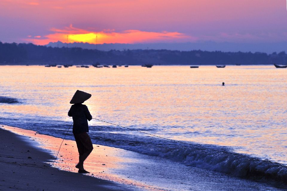 Asie, Vietnam, plage, pêche, pêcheur, bateau, coucher de soleil,